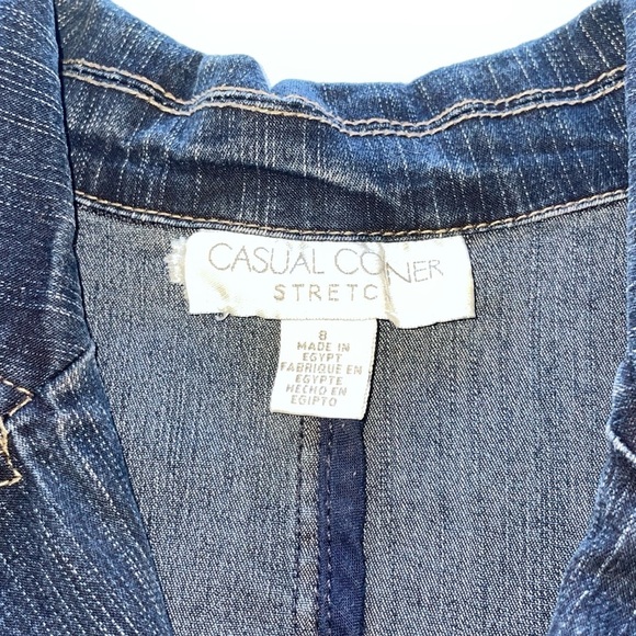 Casual Corner Denim Blazer Jean Jacket Dark Blue Stretch Notch Lapel Size 8 - Picture 8 of 11